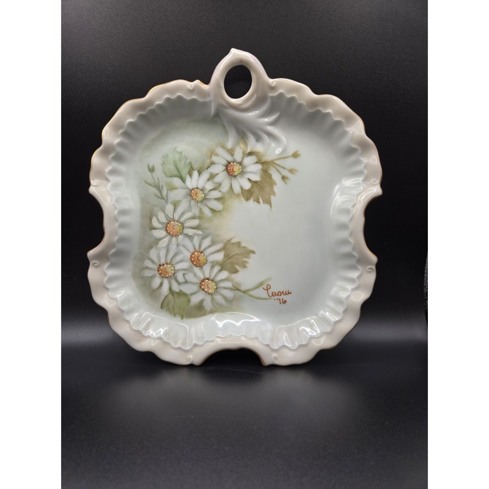 Antique Porcelain Tray Trimmed In Gold Tone, Hand Painted Daisy Scolloped Rim